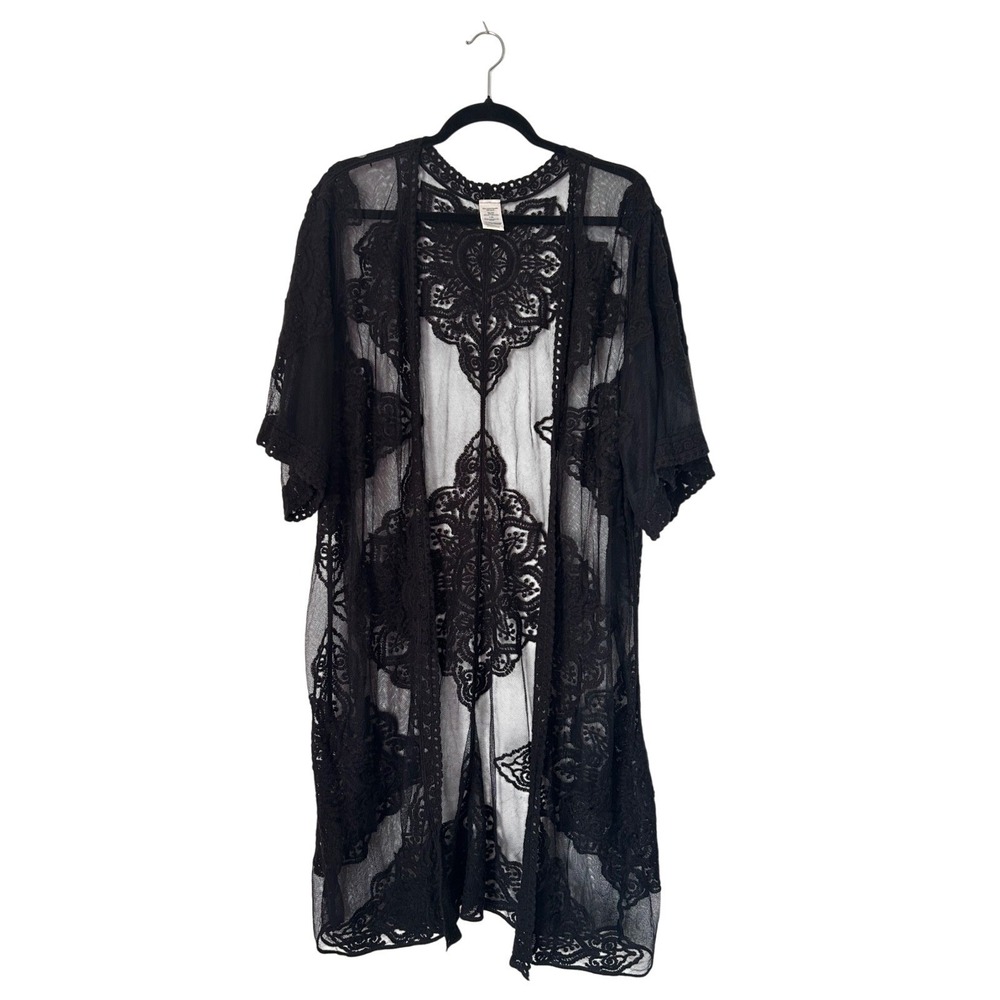 Womens Black Lace Kimono Duster Size XL Sheer Mesh Open Front Cover UP Boho Goth